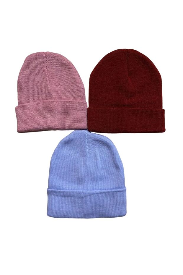 Unisex Folded Dried Rose, Burgundy, Blue 3-Piece Beanie Set