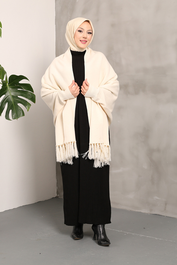 Pletené šátek pončo - krémové - 1