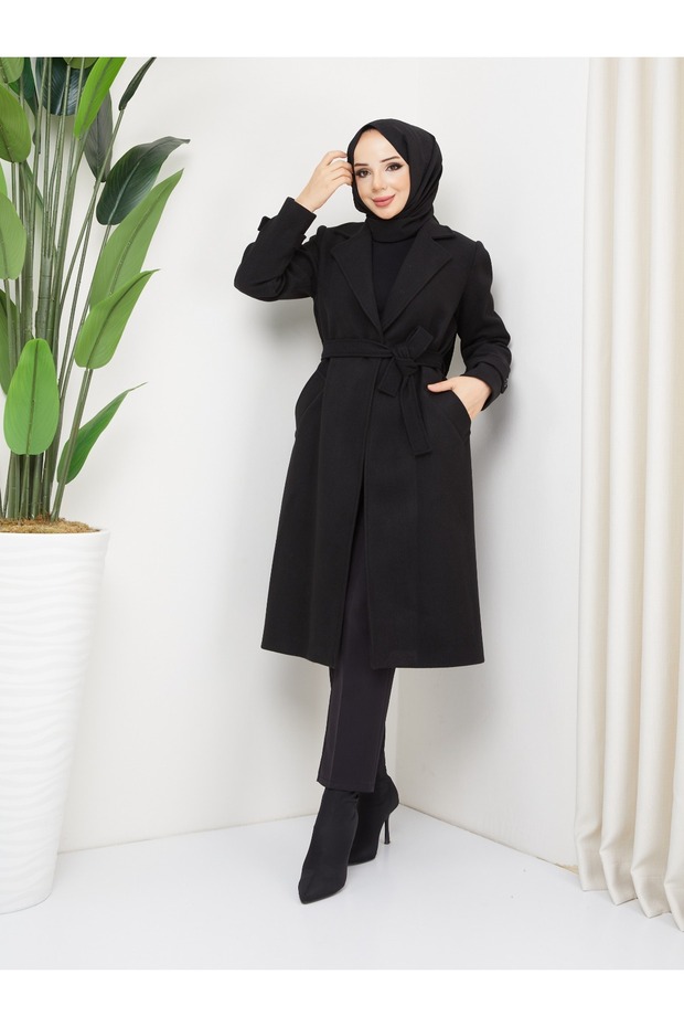 KMKKOMBİN WOMEN'S BUTTONLESS BELTED SLEEVE CUFFED CACHET COAT