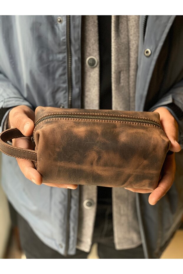 Hand Bag Sand Zippered Genuine Leather Multi-Purpose Handmade Cosmetic and Travel Bag