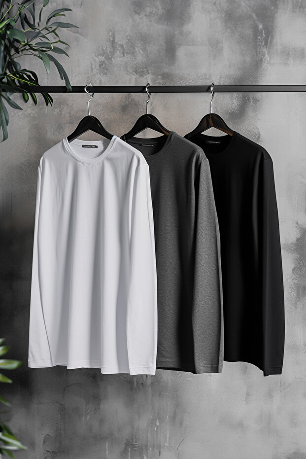 Antrasit Melanj-Beyaz-Siyah Regular/Normal Kesim 3'lü Paket %100 Pamuk Tok T-shirt TMNAW21TS0197 - 1