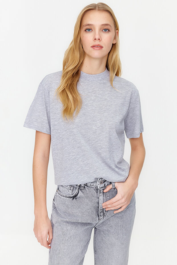 Siyah-Gri Melanj 2'li Paket Basic Dik Yaka Örme T-Shirt TWOSS20TS1500 - 2