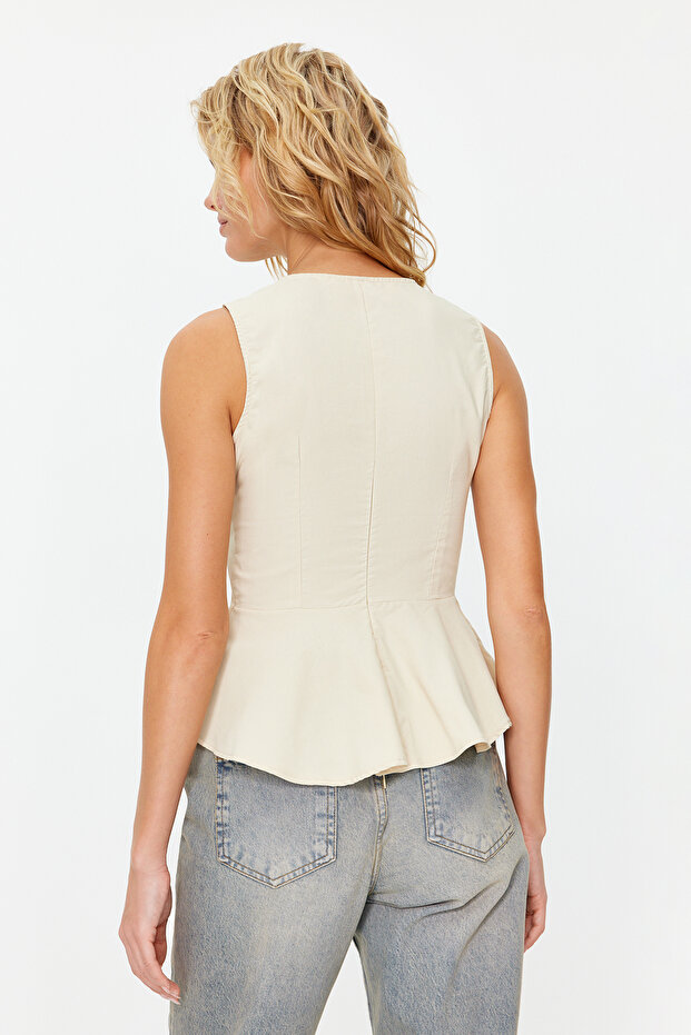 Bej Volanlı Dokuma Bluz TWOSS19XB0065 - 4