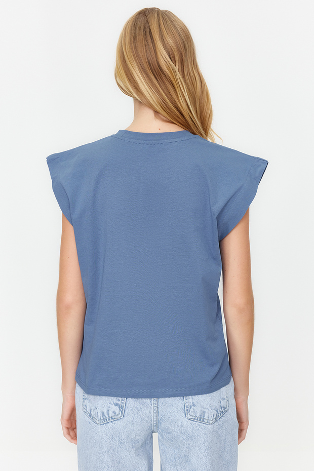 İndigo %100 Pamuk Vatka Görünümlü Basic Bisiklet Yaka Örme T-Shirt TWOSS20TS0021 - 6