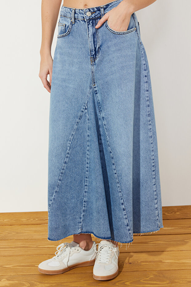 Mavi Volanlı Dikiş Detaylı Yüksek Bel Maxi Denim Etek TWOSS24ET00012 - 10