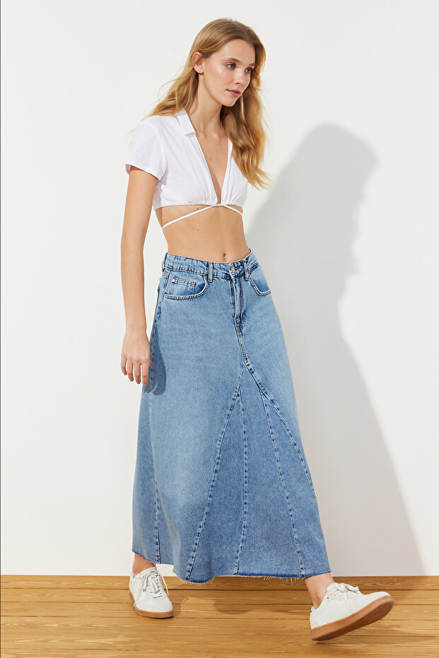 Mavi Volanlı Dikiş Detaylı Yüksek Bel Maxi Denim Etek TWOSS24ET00012 - 7