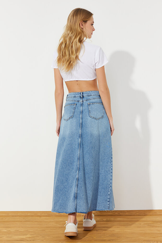 Mavi Volanlı Dikiş Detaylı Yüksek Bel Maxi Denim Etek TWOSS24ET00012 - 12