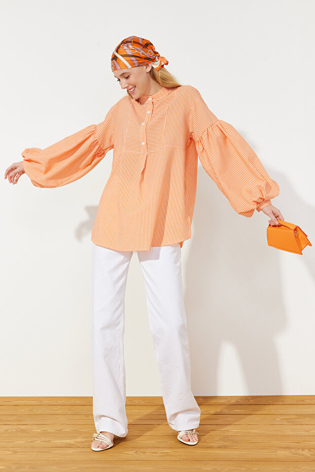 Narancssárga léggömb ujjú Seersucker szövött tunika TCTSS24UK00017 - 3