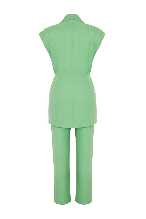 Yeşil İçten Bağlamalı Keten Görünümlü Kimono-Pantolon Dokuma Takım TCTSS23US00061 - 8