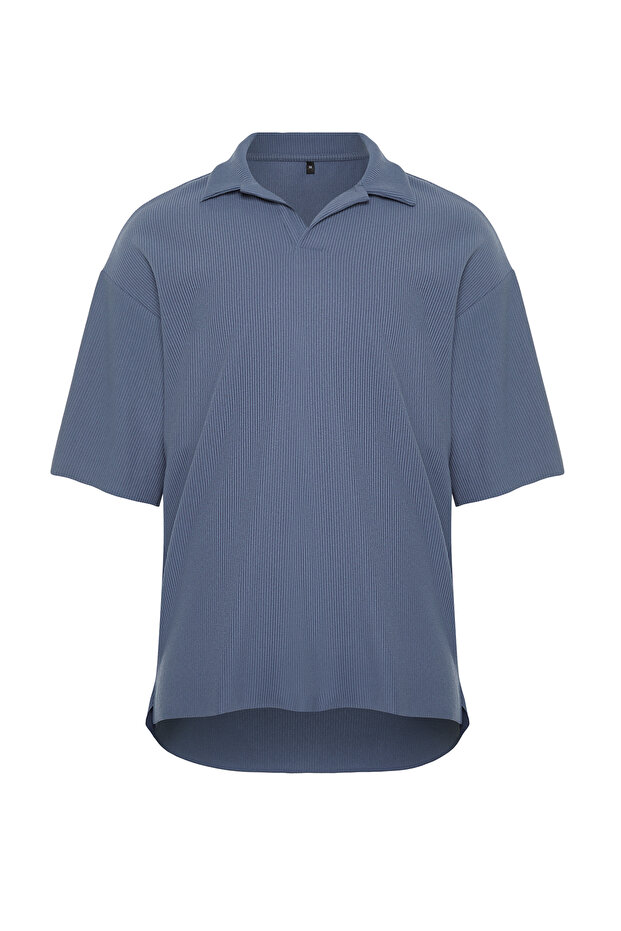 Indigo Oversize/Geniş Kesim Dokulu Ottoman Polo Yaka T-Shirt TMNSS23PO00020 - 9