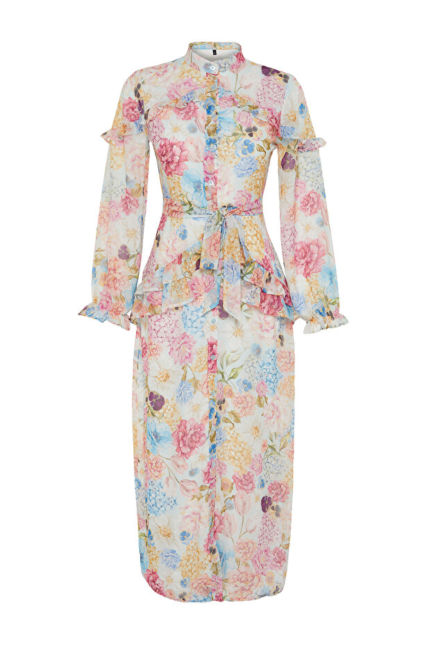 Λιλά φλοράλ βολάν Φόρεμα σιφόν με λεπτομέρεια με επένδυση TCTSS24EB00003 - 7