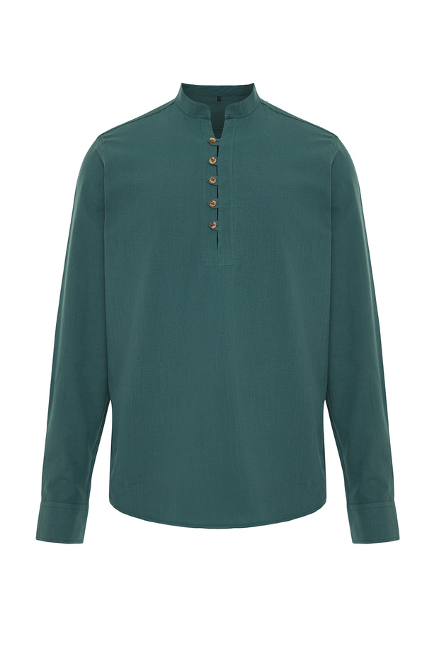 Koyu Yeşil Slim Fit Yarım Patlı Hakim Yaka %100 Pamuklu Keten Görünümlü Gömlek TMNSS20GO0097 - 6