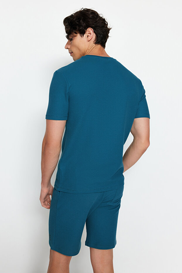 Petrol Regular Fit Dokulu Örme Şortlu Pijama Takımı TMNSS23PT00032 - 6
