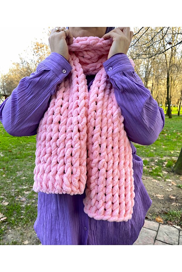 Puffy Pembe El Örgüsü Atkı - 1