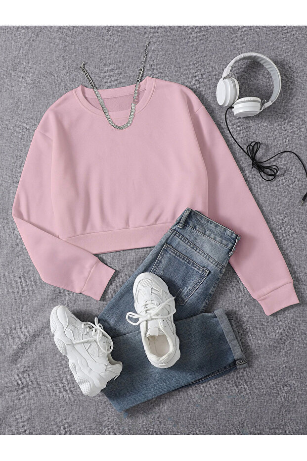 Kadın Basic Crop İçi Polarlı Oversize Sweatshirt - 1