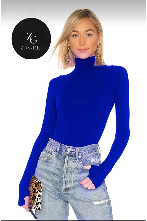 Women's Cobalt Blue Body Turtleneck Fingered Silk Jersey Body