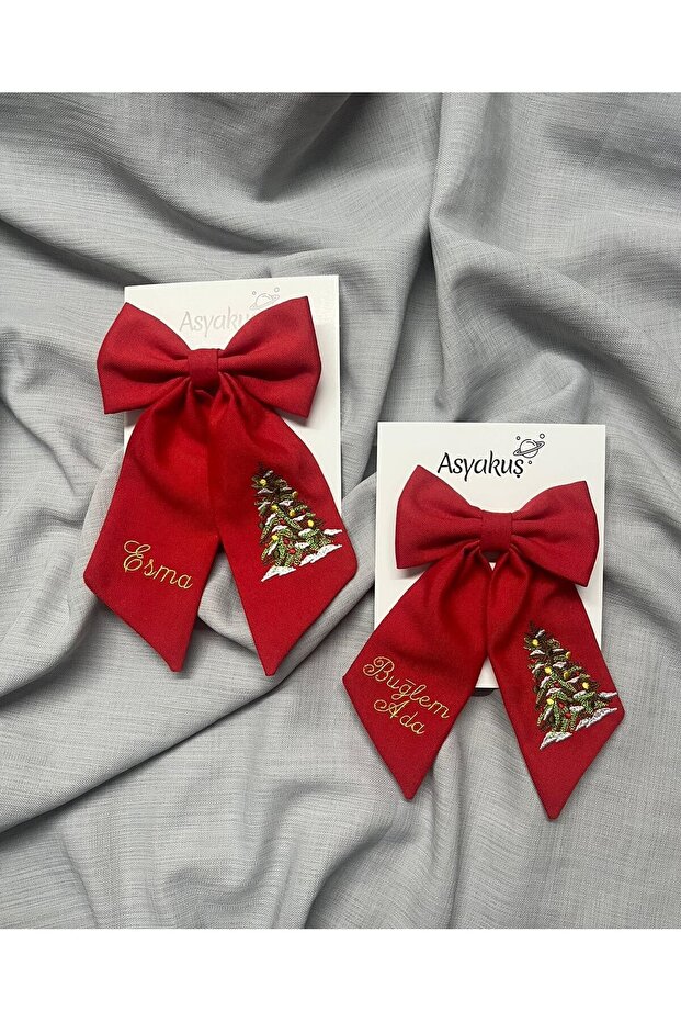 New Year's Custom Name and Pine Tree Embroidered Mother Girl Red Bow Buckle Set