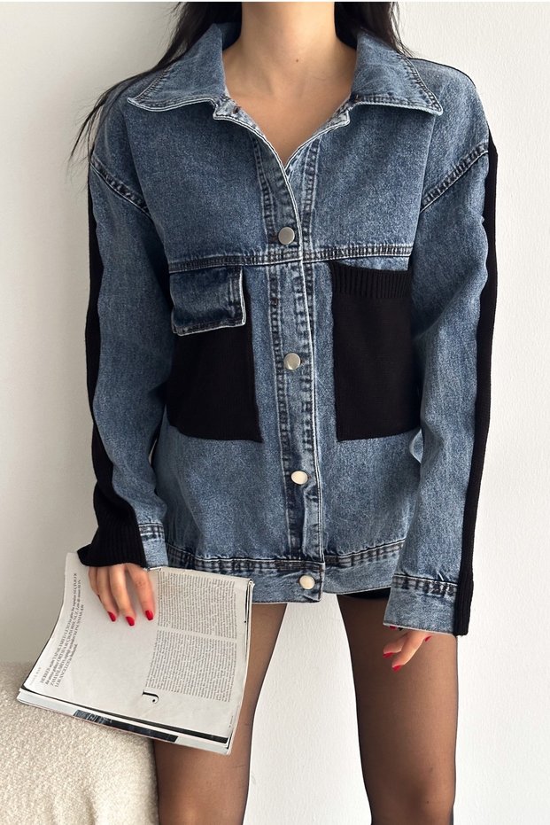 Women's Standard Size Knitwear Detailed Denim Jeans Jacket