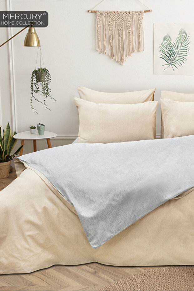 Double Cotton Bedding Set| Beige-grey with Elastic Sheets| Double Sided Buttoned Duvet Cover