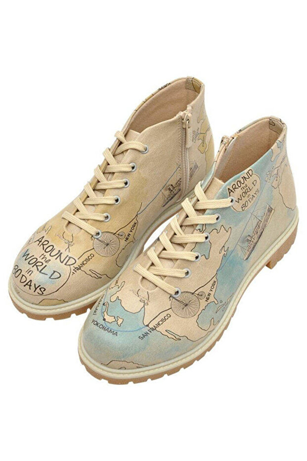 Women's Vegan Leather Beige Zippered Short Boots - Around The World Design