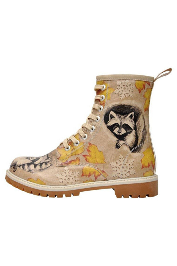 Women's Vegan Leather Beige Long Boots - Raccoon Design