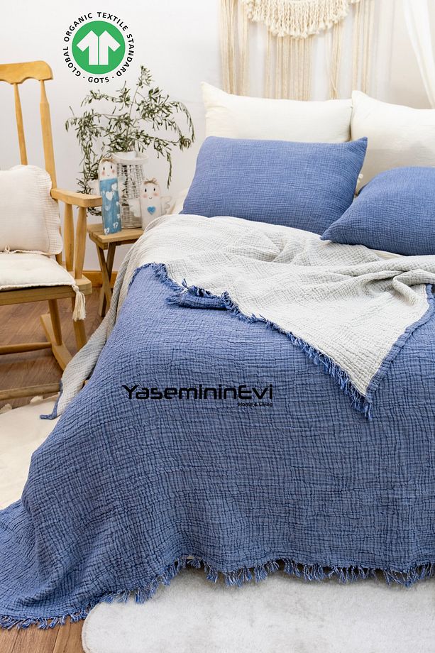 Indigo Ekru Tek Kişilik Müslin Yatak Örtüsü - 3