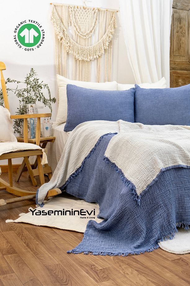 Indigo - Ekru Tek Kişilik 4 Kat Müslin 100% Pamuk Pike/yatak Örtüsü - 1