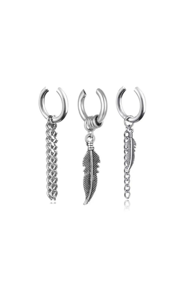 Unisex 3-Piece 316l Surgical Steel Dangle Chain and Feather Figured Non-Perforated Fake Hoop Earrings
