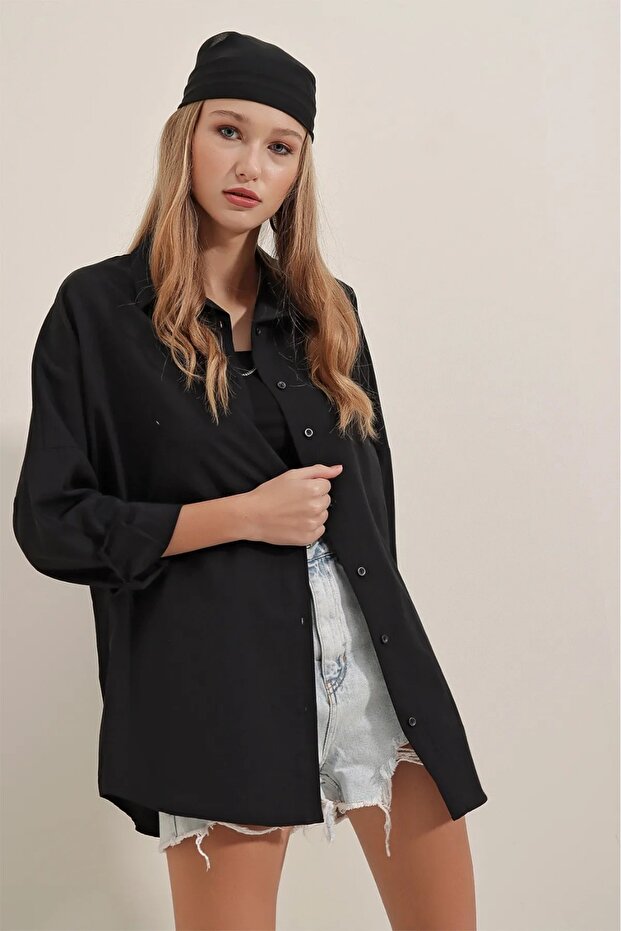 Oversize Long Basic Shirt - Black - 4