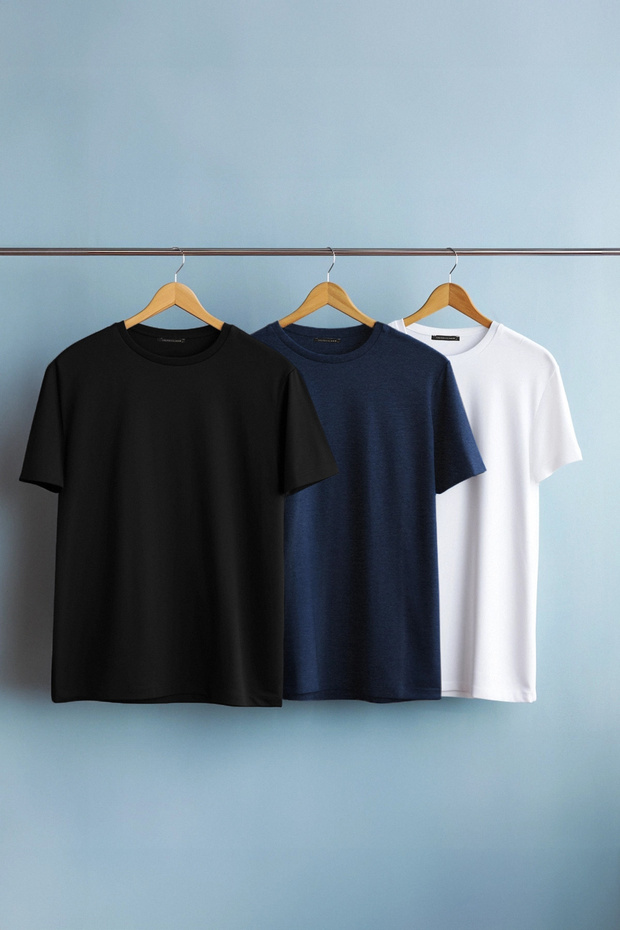 Unisex Lacivert-Siyah-Beyaz Slim/Dar Kesim Bisiklet Yaka Basic %100 Pamuk 3'lü T-Shirt TMNSS19BO0007 - 1