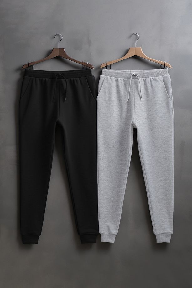 Gri-Siyah Regular/Normal Kesim Paçası Lastikli Jogger 2'li Paket Eşofman Altı TMNAW22EA0279 - 2