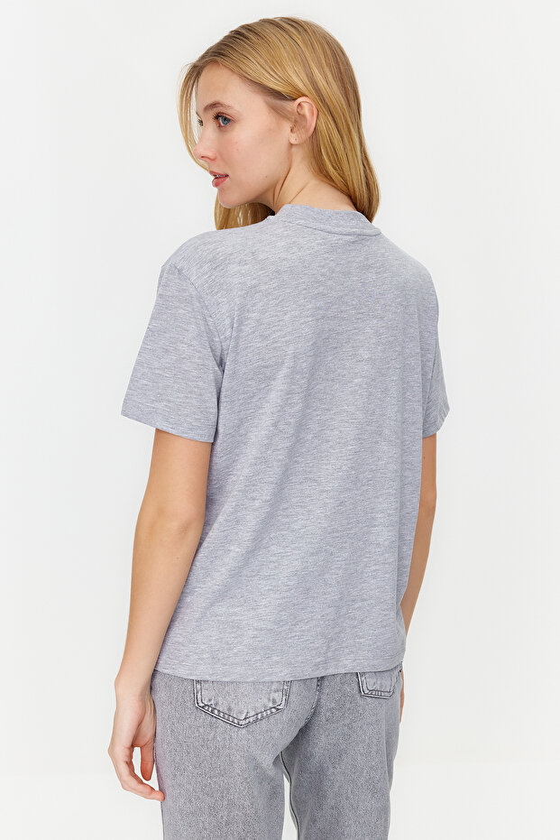 Siyah-Gri Melanj 2'li Paket Basic Dik Yaka Örme T-Shirt TWOSS20TS1500 - 3