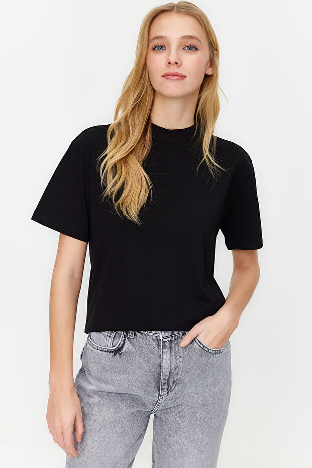 Siyah-Gri Melanj 2'li Paket Basic Dik Yaka Örme T-Shirt TWOSS20TS1500 - 4