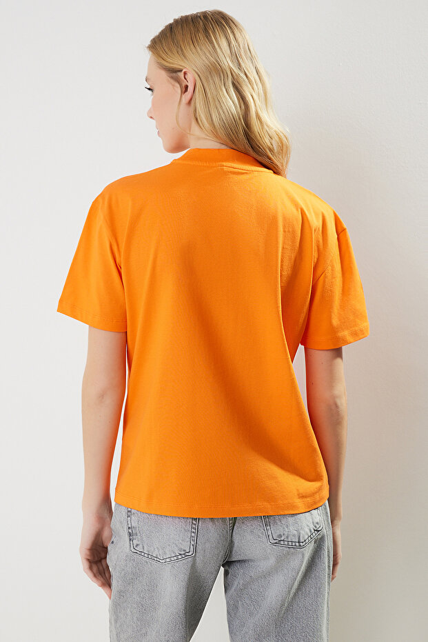 Antrasit-Turuncu 2'li Paket Basic Dik Yaka Örme T-Shirt TWOSS20TS1500 - 3