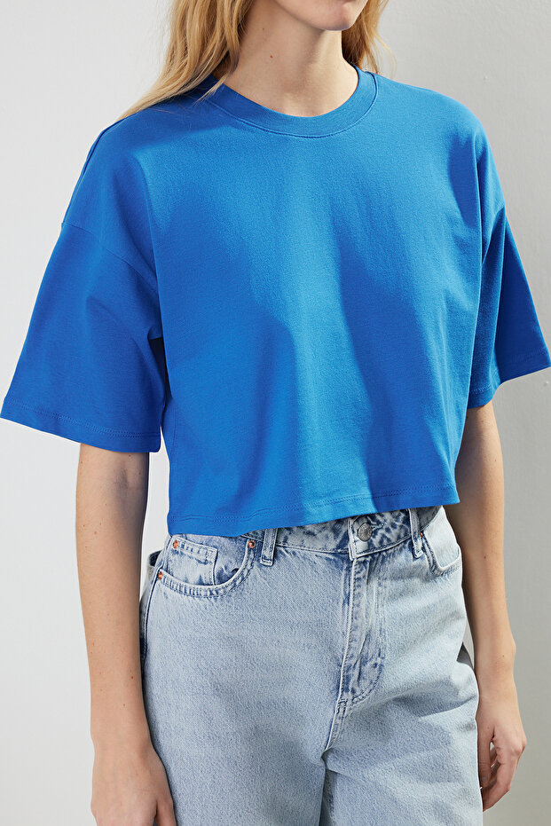 Saks %100 Kalın Pamuklu Crop Örme T-Shirt TWOSS23TS00038 - 5