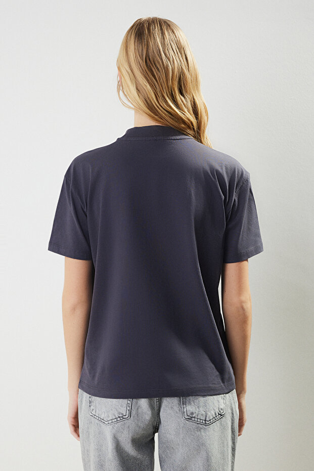 Antrasit-Turuncu 2'li Paket Basic Dik Yaka Örme T-Shirt TWOSS20TS1500 - 5