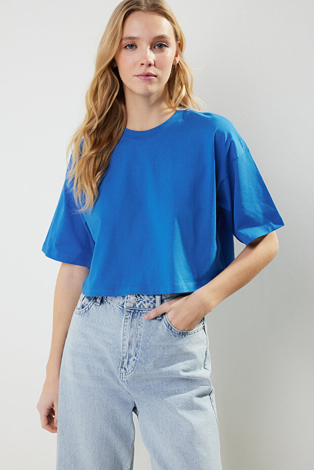 Saks %100 Kalın Pamuklu Crop Örme T-Shirt TWOSS23TS00038 - 1