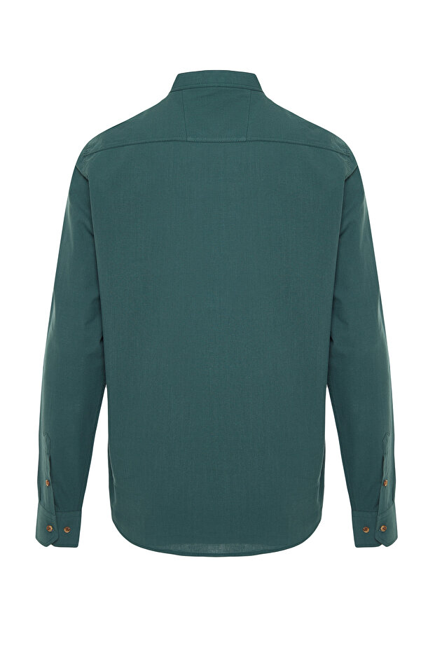 Koyu Yeşil Slim Fit Yarım Patlı Hakim Yaka %100 Pamuklu Keten Görünümlü Gömlek TMNSS20GO0097 - 7