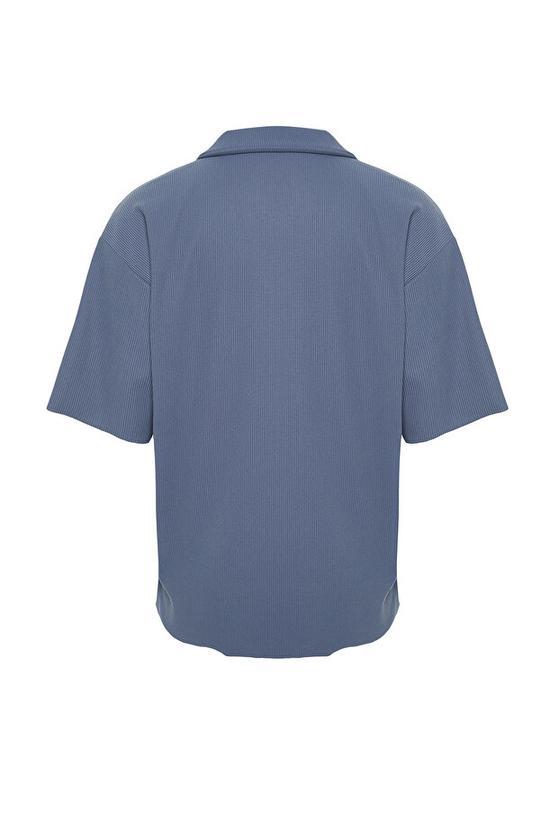 Indigo Oversize/Geniş Kesim Dokulu Ottoman Polo Yaka T-Shirt TMNSS23PO00020 - 10