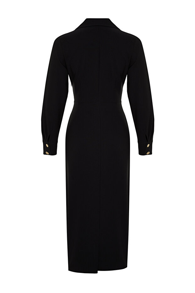 Czarna, dwurzędowa sukienka z kołnierzykiem i guzikami, szczegółowa tkana sukienka TCTSS24EB00020 - 8