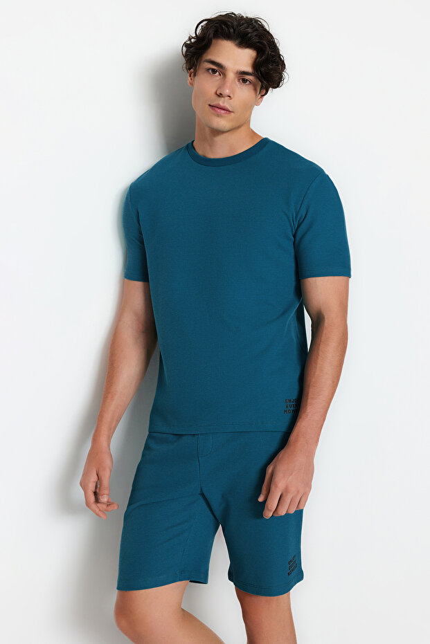 Petrol Regular Fit Dokulu Örme Şortlu Pijama Takımı TMNSS23PT00032 - 2