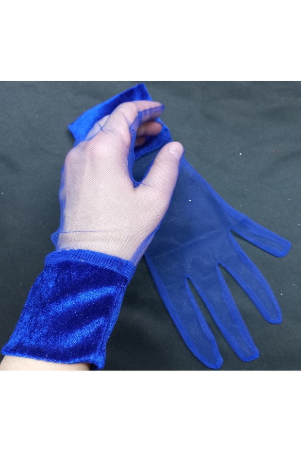 Diana vintage velvet with wristband tulle gloves potted blue