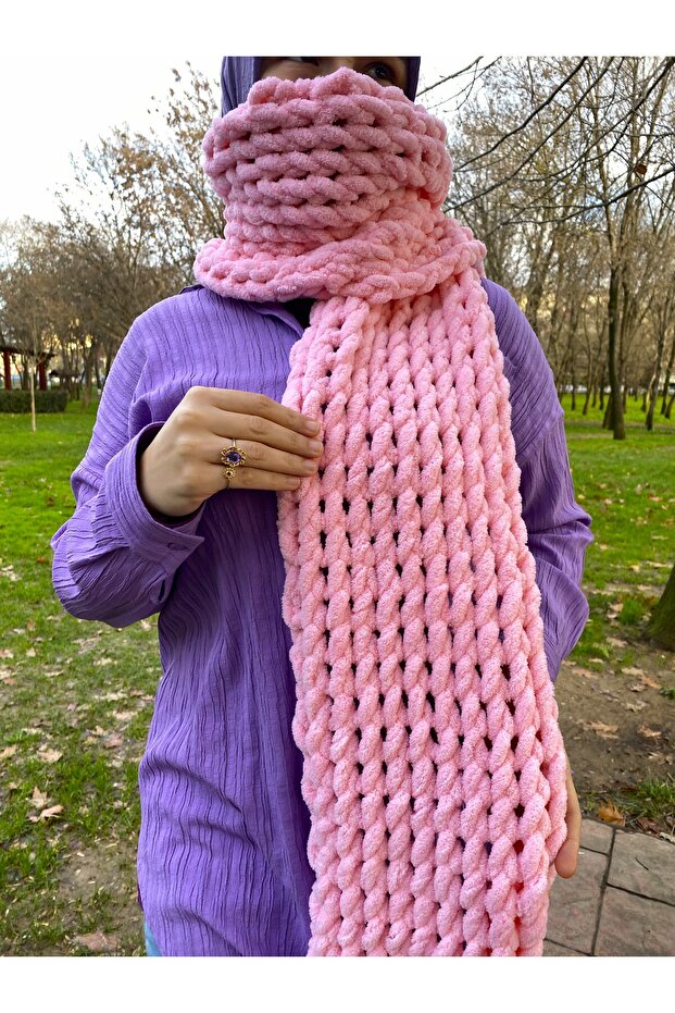 Puffy Pembe El Örgüsü Atkı - 5