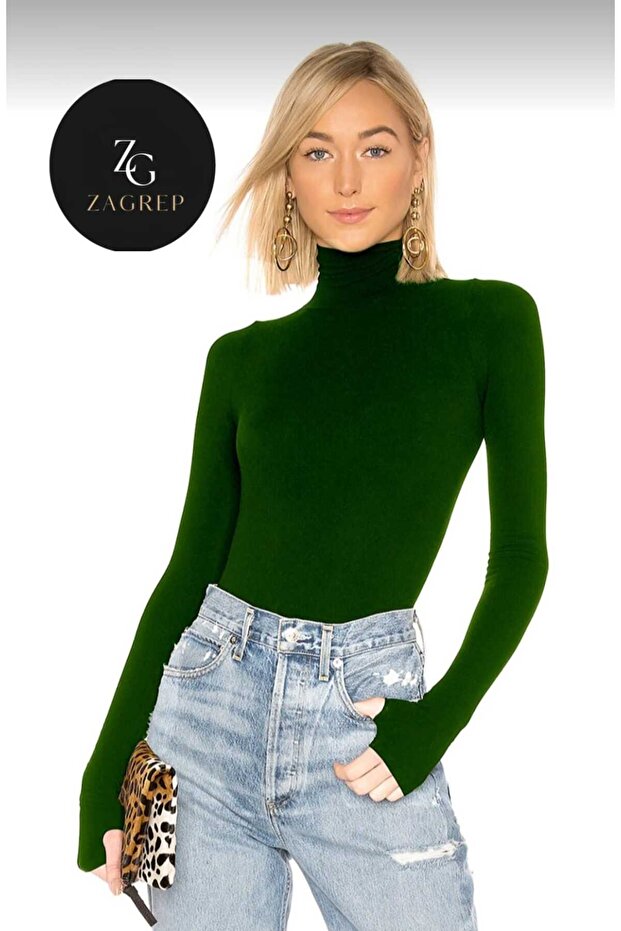 Women's Body Emerald Green Turtleneck Finger Slip Imported Jersey Body