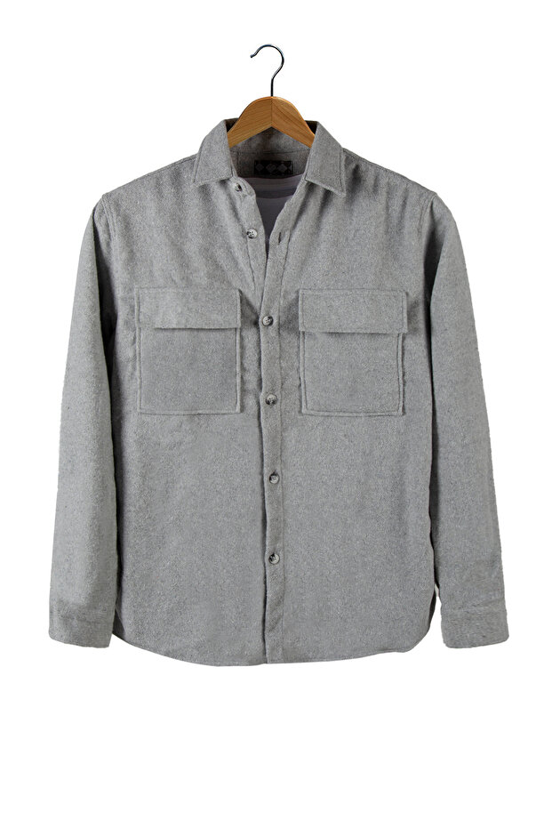 Gri Regular Kalıp Gömlek Yaka Düz Renk Oduncu Gömlek - 2