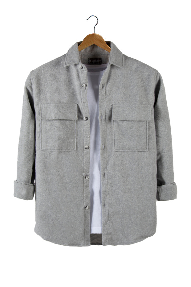 Gri Regular Kalıp Gömlek Yaka Düz Renk Oduncu Gömlek - 1