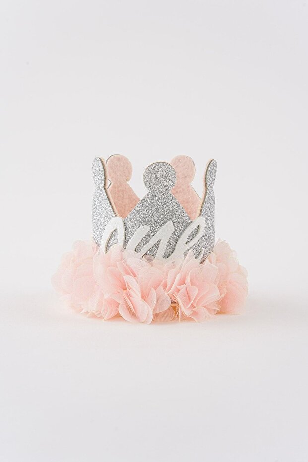One Written 1 Year Old Elastic Birthday Glitter Party Hat Queen Crown (Silver-Salmon)