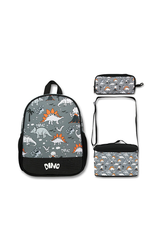 Ümit Bag Black Gray Dinosaur Kindergarten Bag - Lunch and Pencil Bag Set