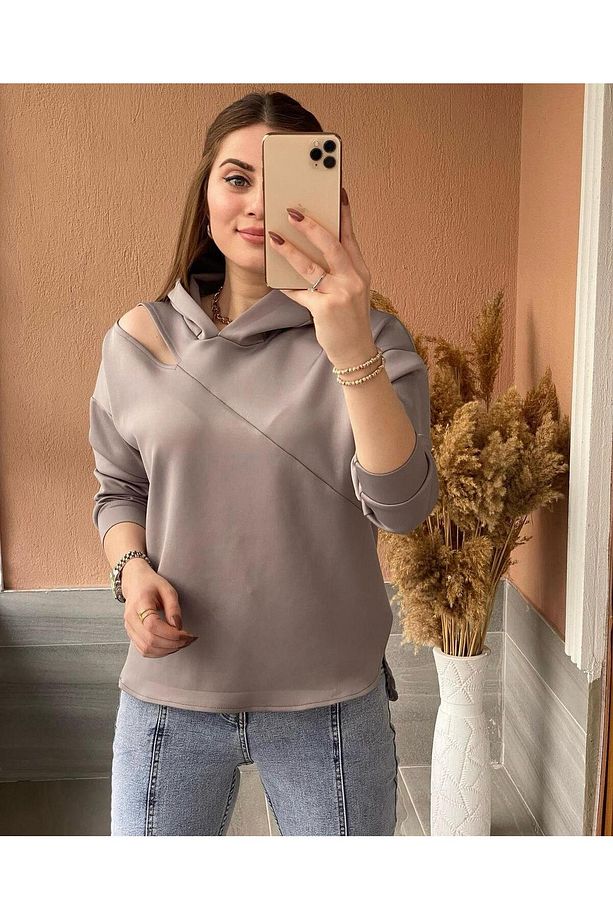 Scuba Kapüşonlu Oversize Tek Omzu Pencere Detaylı Sweatshirt - 1