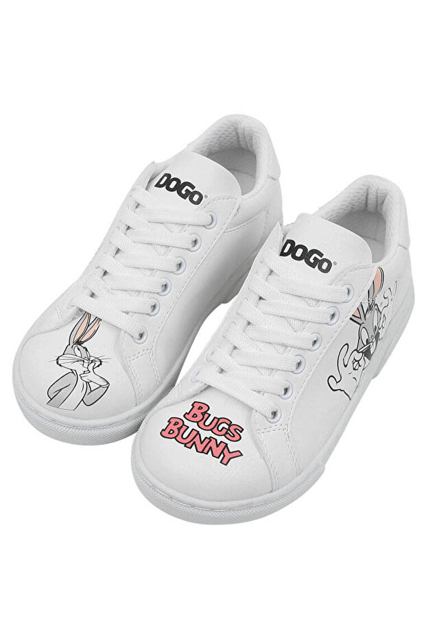 Unisex Kids Vegan Leather White Sneakers - Warner Bros What's Up Doc Bugs Bunny Design